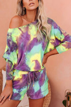 purple Polyester Fashion Casual adult Patchwork Print Tie Dye Gradient Two Piece Suits Straight Half Sleeve Two Pieces