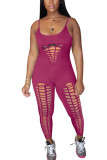 Wine Red Fashion Sexy Hole Hollow Solid Milk. Sleeveless Slip Jumpsuits