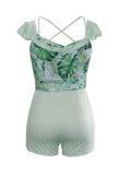Green Fashion Sexy Print Patchwork bandage Ruffled Short Sleeve V Neck Rompers