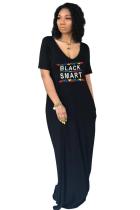 Black Polyester Fashion Casual Cap Sleeve Short Sleeves V Neck Straight Floor-Length Character Solid asymm