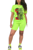Fluorescent green Fashion adult Street Letter Patchwork Print Two Piece Suits Straight Short Sleeve Two Pieces