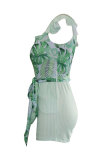 Зеленый модный сексуальный принт в стиле пэчворк с рюшами и короткими рукавами с V-образным вырезом Комбинезон