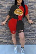 Красный модный сексуальный взрослый костюм в стиле пэчворк с буквенным принтом, костюмы из двух предметов, карандаш с принтом губ, короткий рукав, две части