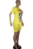 Yellow venetian Fashion Casual Print Two Piece Suits Straight Short Sleeve Two Pieces