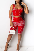 Rode mode sexy print tweedelige pakken rechte mouwloze twee stukken