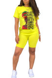 Yellow Fashion adult Street Letter Patchwork Print Two Piece Suits Straight Short Sleeve Two Pieces