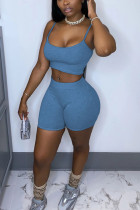 Light Blue Fashion Street Solid Two Piece Suits Straight Sleeveless Two Pieces Cami Crop Tops And Shorts Sets