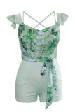 Green Fashion Sexy Print Patchwork bandage Ruffled Short Sleeve V Neck Rompers
