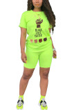 Fluorescerande grönt Mode Street Print Tvådelade kostymer Rak Kortärmad Tvådelad