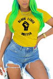 Yellow White Yellow O Neck Short Sleeve Letter Patchwork Print Slim fit Tops