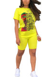 蛍光グリーンファッション大人ストリートレターパッチワークプリントツーピーススーツストレート半袖ツーピース