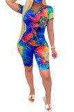 Red and blue Fashion Casual adult Patchwork Print Tie Dye Two Piece Suits Straight Short Sleeve Two Pieces