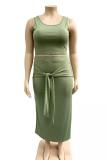Army Green Fashion adult Sexy O Neck Bandage Two Piece Suits Solid