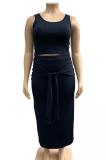 Black Fashion adult Sexy O Neck Bandage Two Piece Suits Solid