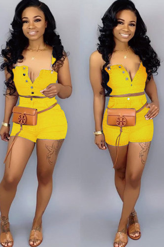 Yellow Rose Red Sexy Tassel Cut Out Straight Denim Cami Crop Tops And Shorts Two Piece Shorts Set(rose red/S)