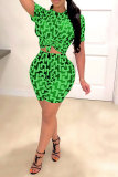 Green Fashion adult OL Patchwork Print Two Piece Suits pencil Short Sleeve Two Pieces
