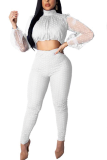 Белый сексуальный модный комплект из двух частей с сетчатыми брюками в горошек в стиле пэчворк