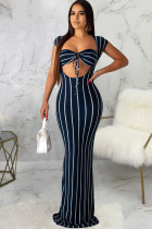 Dark Blue Sexy adult Fashion Cap Sleeve Sleeveless Wrapped chest Asymmetrical Floor-Length Striped P