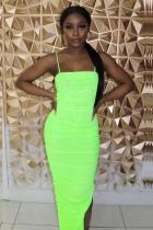 Fluorescent green Sexy Fashion Spaghetti Strap Sleeveless Slip Slim Dress Ankle-Length asymmetrical Draped S