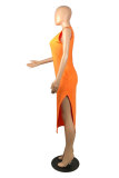 オレンジ ファッション カジュアル 大人 ピンク オレンジ イエロー ライトブルー オフショルダー ノースリーブ Oネック Aライン ミッドカーフ パッチワーク 無地 スプリットドレス