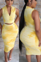 Moda veneziana amarela sexy adulto estampa de senhora drapeado com zíper duas peças ternos lápis sem manga duas peças