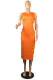 Orange Mode Casual vuxen Rosa Orange Gul Ljusblå Off The Shoulder Ärmlös O-hals A-linje Mid-Calf Patchwork Rejäla delade klänningar