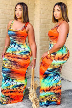 Orange Fashion adult Street Blue Orange Multi-color Tank Sleeveless O neck Step Skirt Floor-Length Striped Print Patchwork Dresses