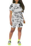 White Fashion Casual adult Letter Patchwork Print Slim fit scrawl Two Piece Suits Straight Short Sleeve Two Pieces