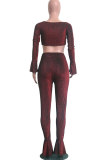 Red Elastic Fly Long Sleeve Mid Solid Boot Cut Pants Two-piece suit