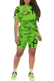 Green Fashion Casual adult Letter Patchwork Print Slim fit scrawl Two Piece Suits Straight Short Sleeve Two Pieces