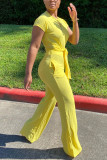 Желтые модные повседневные однотонные комбинезоны с коротким рукавом и круглым вырезом