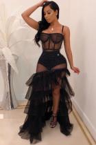 Black Fashion Sexy Spaghetti Strap Sleeveless Slip Ball Gown Floor-Length Patchwork Draped asymm