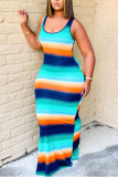 Blue Fashion adult Street Blue Orange Multi-color Tank Sleeveless O neck Step Skirt Floor-Length Striped Print Patchwork Dresses