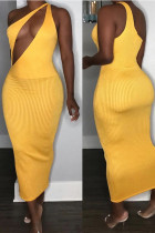 Желтая модная сексуальная взрослая юбка без рукавов на одно плечо с воротником-степпером в полоску до середины икры