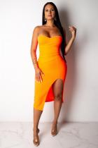 Orange Sexy schulterfreies, ärmelloses A-Linien-Knielanges, einfarbiges Club-Kleid mit Ein-Wort-Kragen