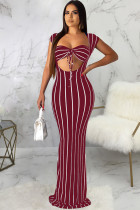 Wine Red Sexy adult Fashion Cap Sleeve Sleeveless Wrapped chest Asymmetrical Floor-Length Striped P