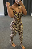 Yellow Fashion Casual Leopard Patchwork Two Piece Suits pencil Sleeveless Two Pieces
