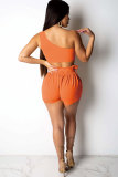 Orange Sexy Fashion HOLLOWED OUT Print asymmetrisches Patchwork gerades zweiteiliges kurzes Set