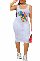 White Fashion Celebrities adult Ma'am White Black Wine Red Tank Sleeveless O neck Pencil Dress Mid-Calf Print Dresses