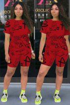 Rode mode casual volwassen brief patchwork print slim fit gekrabbel tweedelige pakken rechte korte mouw twee stukken