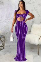 purple Sexy adult Fashion Cap Sleeve Sleeveless Wrapped chest Asymmetrical Floor-Length Striped P