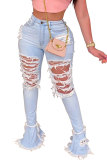 Light Blue Denim Button Fly Sleeveless High Patchwork Solid Hole Old Boot Cut Distressed Flare Leg Pants Bottoms