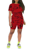 Red Fashion Casual adult Letter Patchwork Print Slim fit scrawl Two Piece Suits Straight Short Sleeve Two Pieces