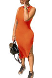 オレンジ ファッション カジュアル 大人 ピンク オレンジ イエロー ライトブルー オフショルダー ノースリーブ Oネック Aライン ミッドカーフ パッチワーク 無地 スプリットドレス