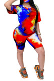 Red Fashion Casual adult Patchwork Print Tie Dye Two Piece Suits Straight Short Sleeve Two Pieces