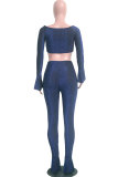 Blue Elastic Fly Long Sleeve Mid Solid Boot Cut Pants Two-piece suit