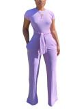 Фиолетовые модные повседневные однотонные комбинезоны с коротким рукавом и круглым вырезом