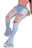 Light Blue Denim Button Fly Sleeveless High Patchwork Solid Hole Old Boot Cut Distressed Flare Leg Pants Bottoms