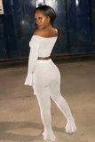 White Elastic Fly Long Sleeve Mid Solid Boot Cut Pants Two-piece suit