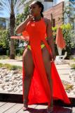 Red Sexy Fashion Cap Sleeve Sleeveless Boat Neck Asymmetrical Ankle-Length Solid split asymmet